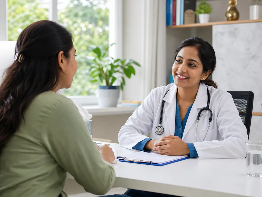 Indian doctor speaking with a patient in a modern neighbourhood clinic
