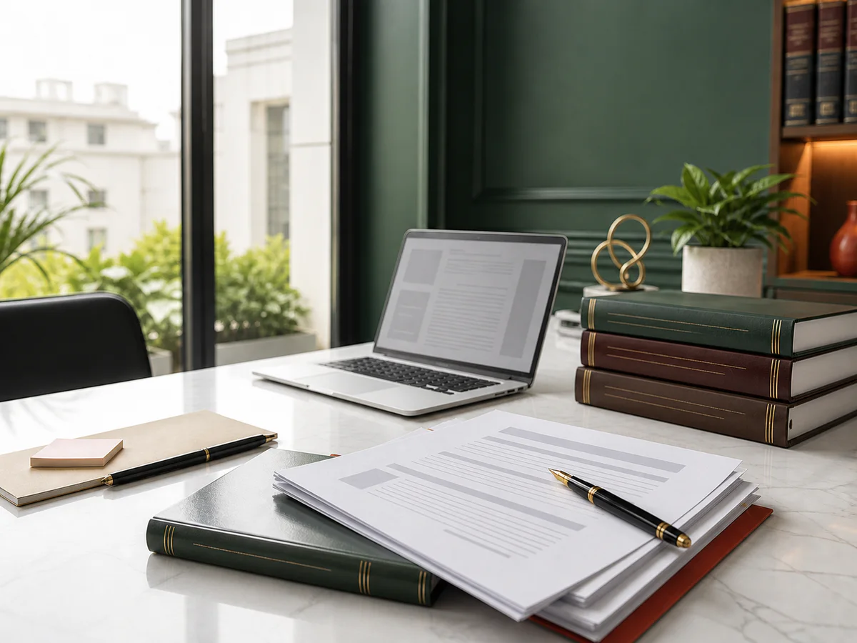 Contemporary legal and trademark practice workspace with generic documents and an unbranded laptop